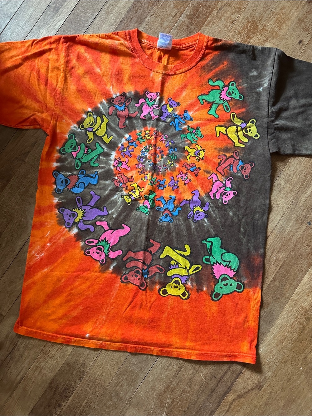 Gildan Orange & Brown Tie-Dye Spiral Bear Graphic Tee Grateful Dead - Size L